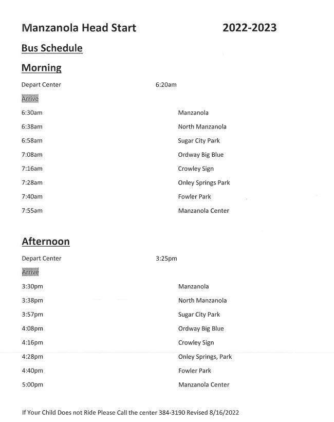 Manzanola bus schedule